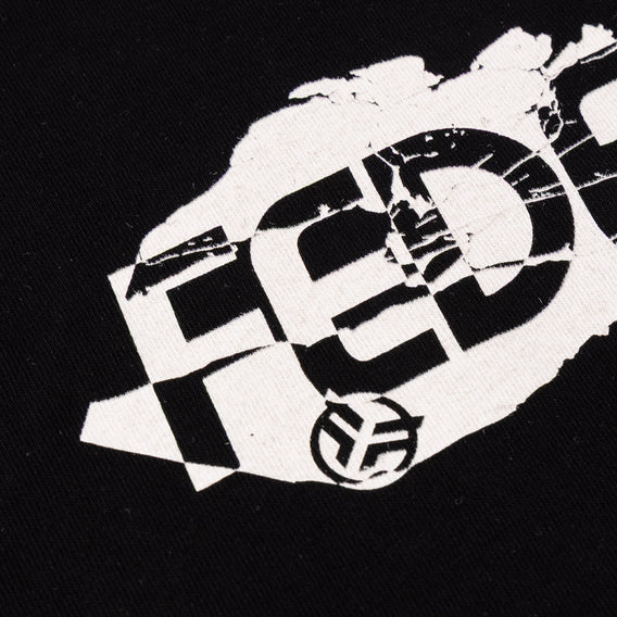 Close up photo of the a section of the front print on the Federal Marble t-shirt in black