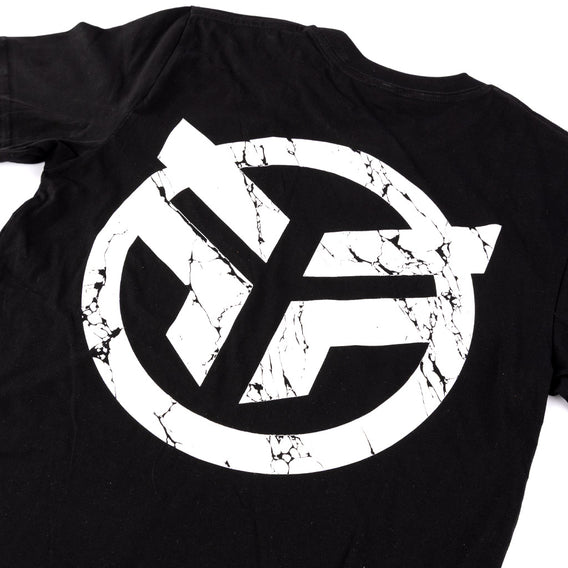 Close up photo of the back print Federal Marble black t-shirt