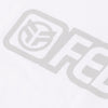 Close up photo of the grey screen printed logo on the Federal Outline white t-shirt