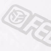 Close up photo of the grey screen printed logo on the Federal Outline white t-shirt