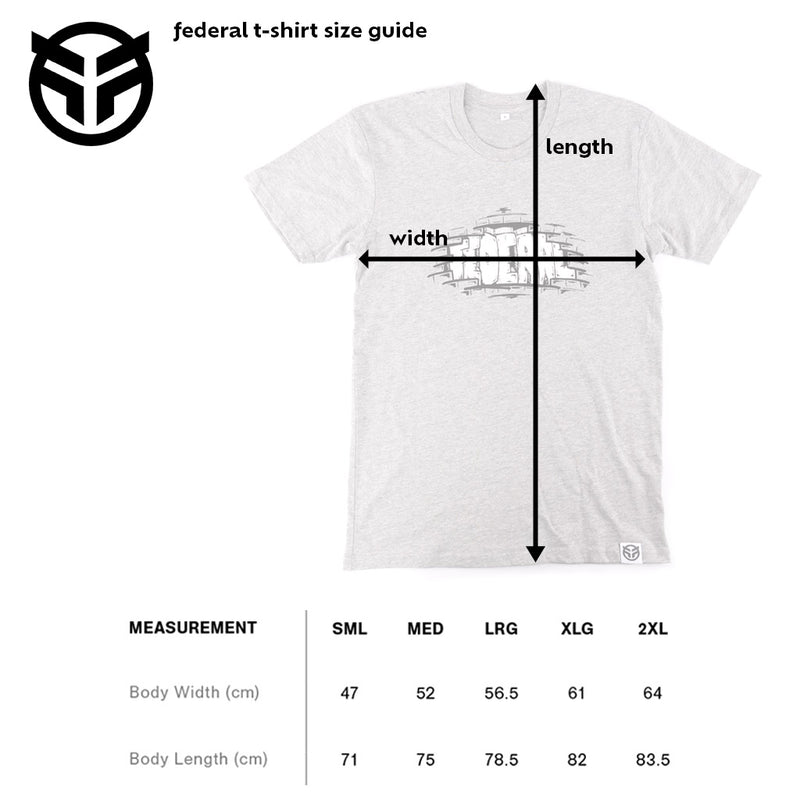 Sizing diagram for Federal Stencil T-shirt