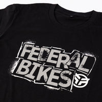 Close up photo of the Federal Stencil t-shirt print and neck of the t-shirt
