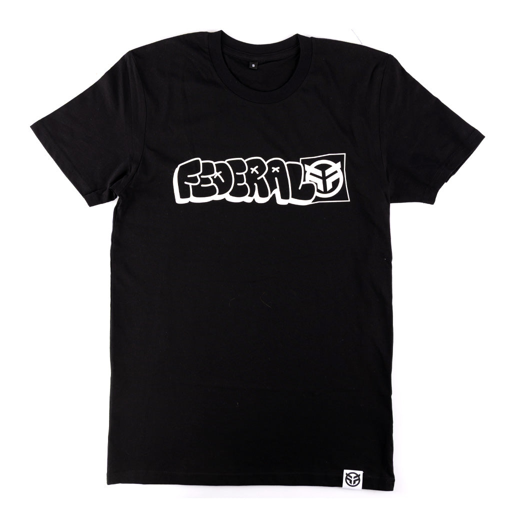 Black federal t-shirt with white logo on a white background