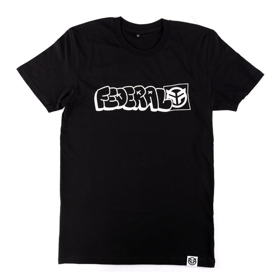 Black federal t-shirt with white logo on a white background