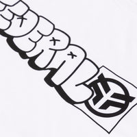 Detail photo of Tagged Outline print on a white t-shirt