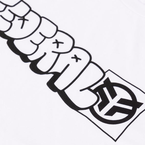 Detail photo of Tagged Outline print on a white t-shirt