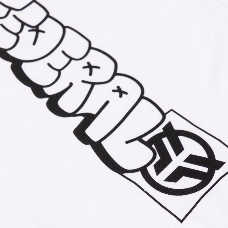 Detail photo of Tagged Outline print on a white t-shirt