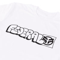 Close up photo of printed design of Federal Tagged Outline on a white t-shirt