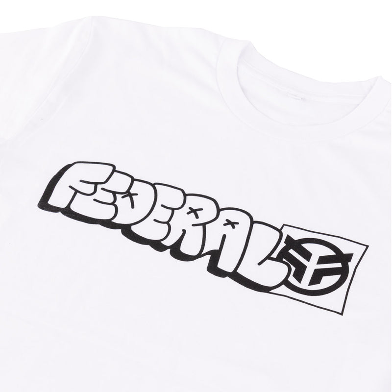 Close up photo of printed design of Federal Tagged Outline on a white t-shirt