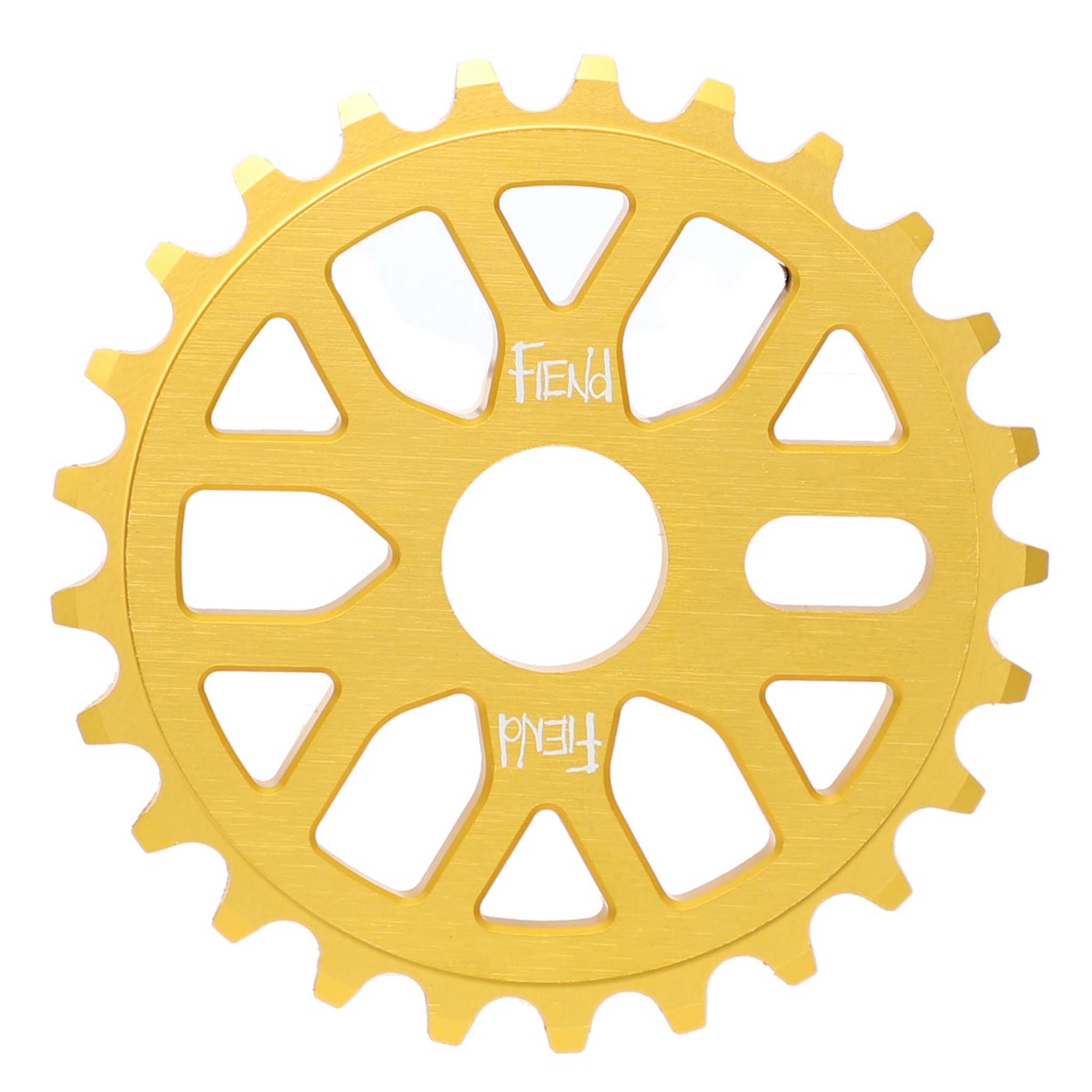 Fiend BMX Omicron Gold sprocket in 25 tooth size photographed on a white background