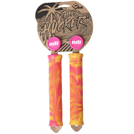 ODI Hucker Flangeless Grips - Pink / Yellow 160mm | Backyard BMX UK Shop