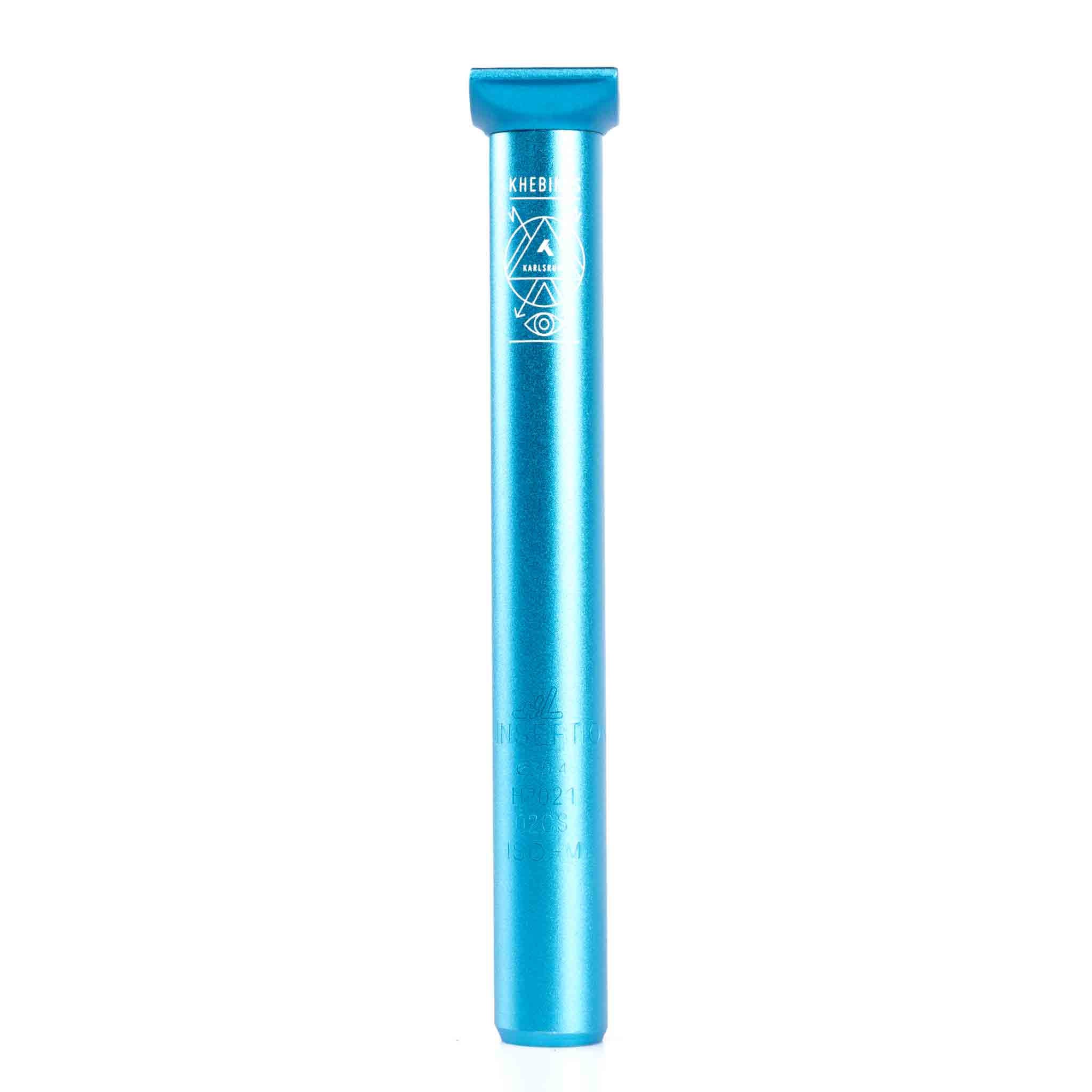 KHE Pivotal seat post in blue photographed on a white background