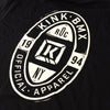 Black kink shield t-shirt with white Kink BMX logo and text