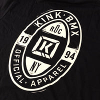 Black kink shield t-shirt with white Kink BMX logo and text