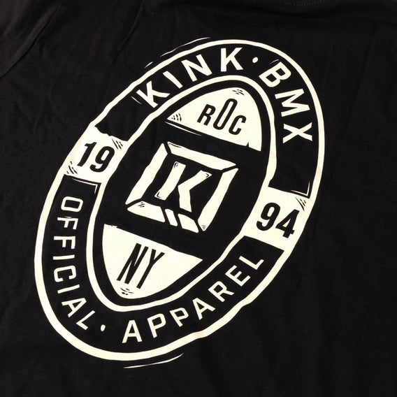 Black kink shield t-shirt with white Kink BMX logo and text