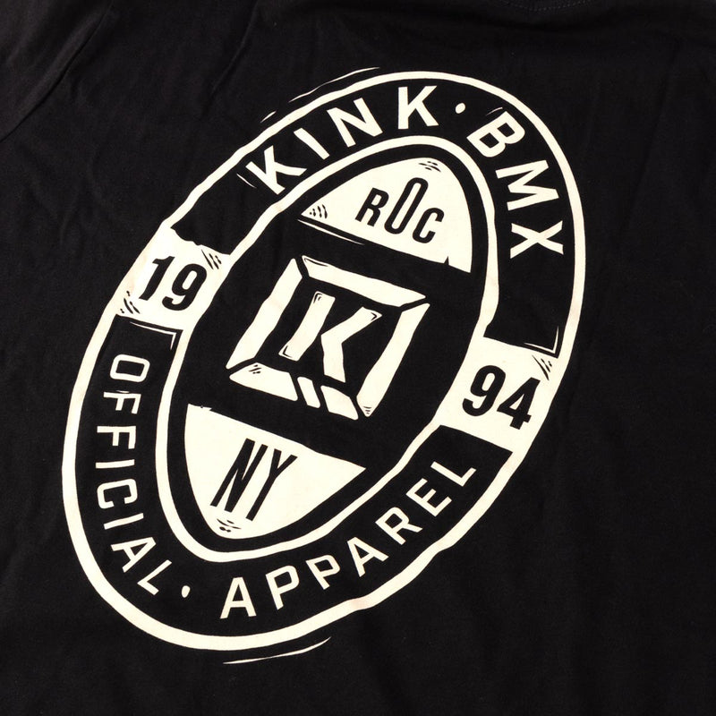 Black kink shield t-shirt with white Kink BMX logo and text