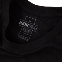 Black t-shirt with Kink BMX neck print label on a white background