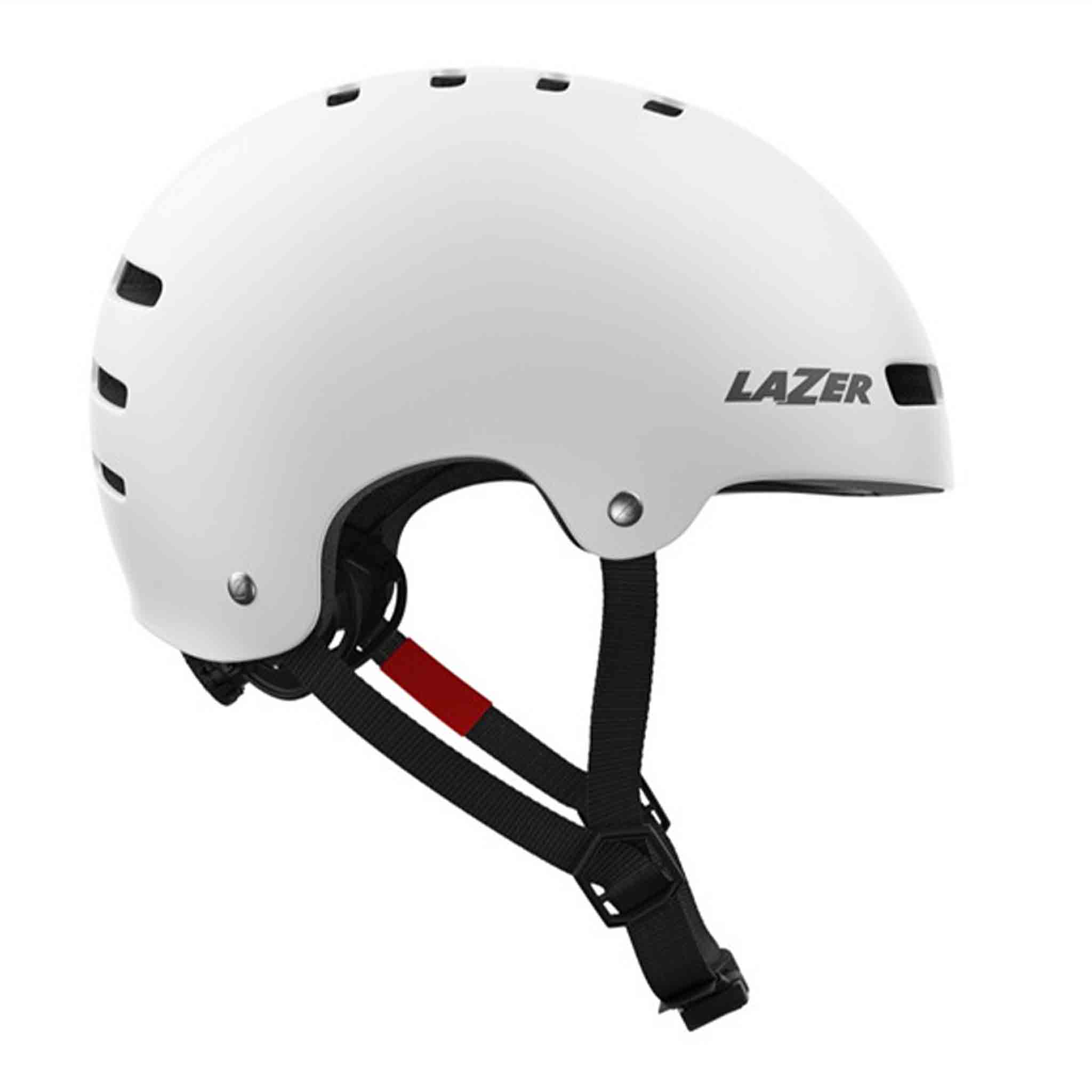 Lazer One+ Helmet - Matt White right hand side showing the straps and the Lazer logo on the shell