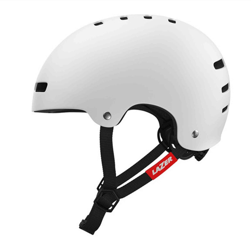 Lazer One+ Helmet - Matt White left hand side showing the straps with the red sewn on logo on the strap