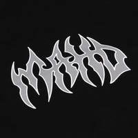 Silver tribal-style text on a black background