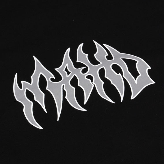 Silver tribal-style text on a black background