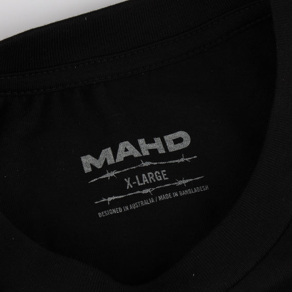 Black fabric with 'MAHD' branding and text on a dark background