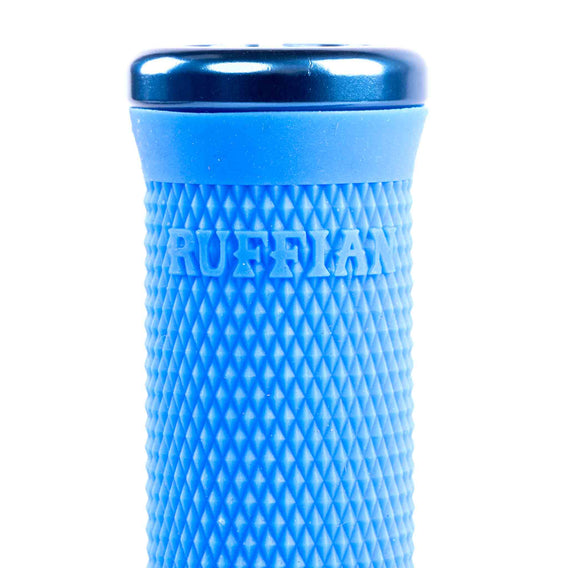 Blue textured tumbler with 'Ruffian' branding on a white background
