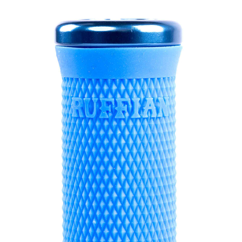 Blue textured tumbler with 'Ruffian' branding on a white background