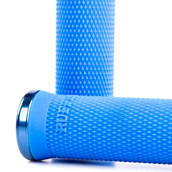 Close-up of blue textured grips with 'Ruffian' branding on a white background
