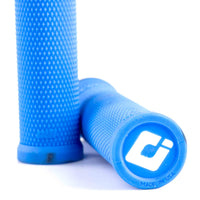 close up detail of the Blue textured odi ruffian grips with the ODI brand logo on the end on a white background