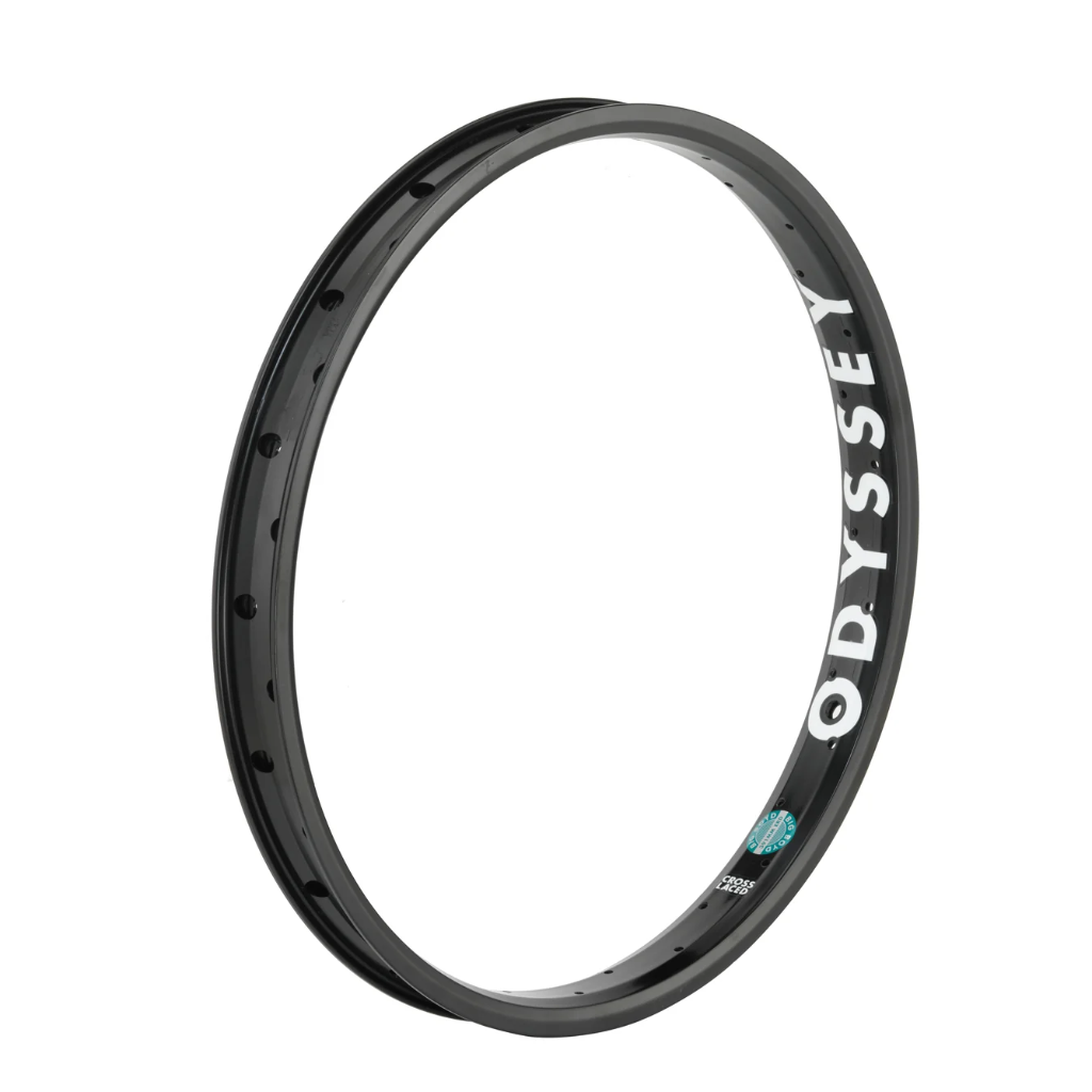 A black Odyssey bicycle wheel rim shown at an angle on a solid white background, featuring white ODYSSEY branding.