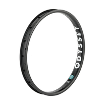 A black Odyssey bicycle wheel rim shown at an angle on a solid white background, featuring white ODYSSEY branding.