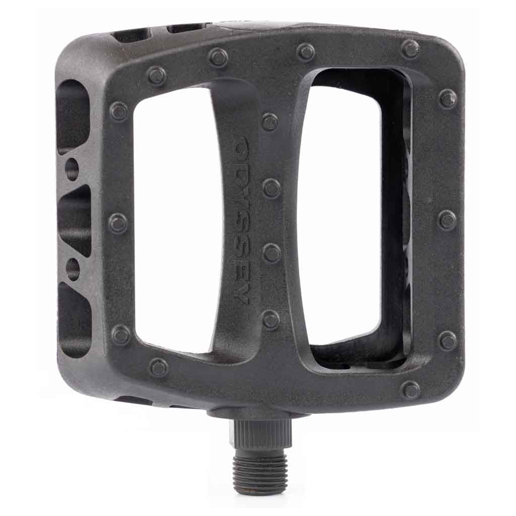 Black bicycle pedal with ' Odyssey' branding on a white background