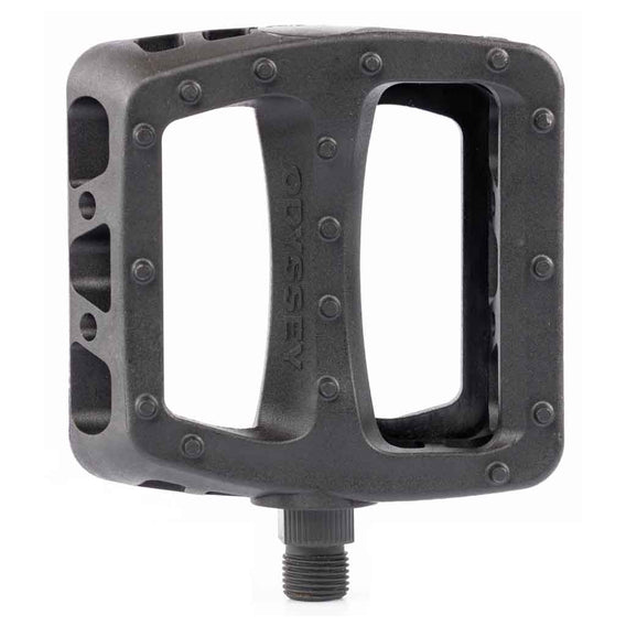 Black bicycle pedal with ' Odyssey' branding on a white background