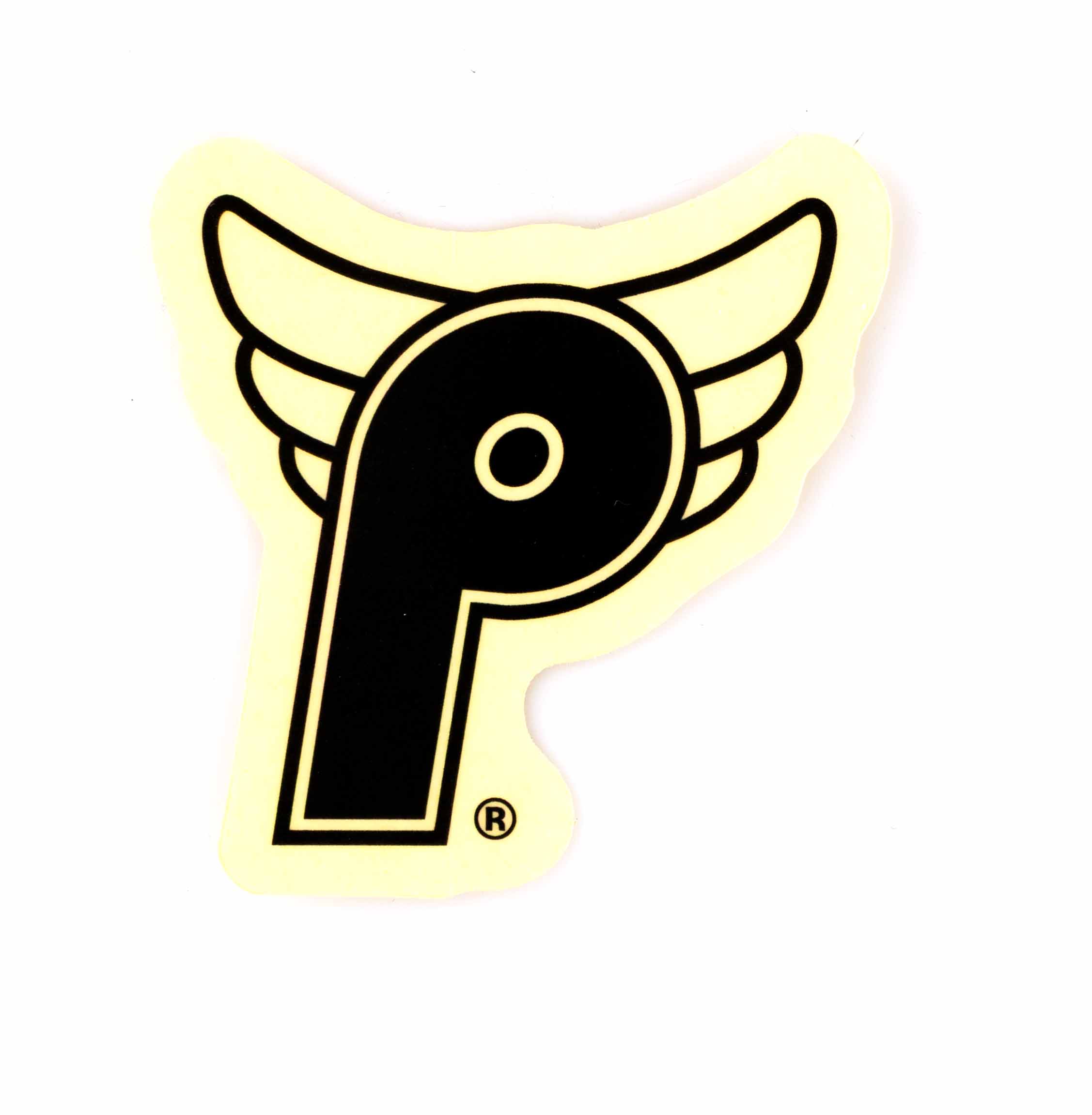 Black logo with wings on a yellow background
