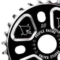 Closeup of Profile Racing Blackjack sprocket in 28 tooth photographed on a white background