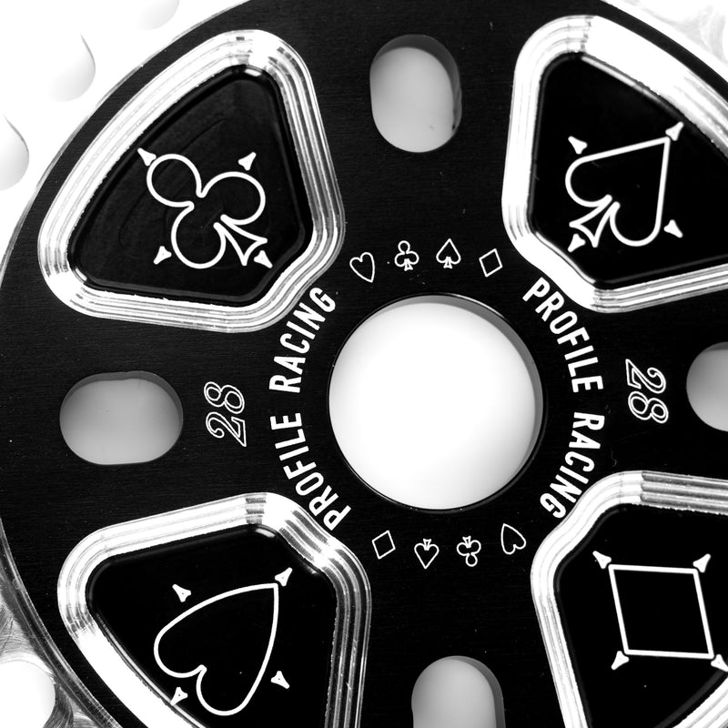 Closeup showing laser etched graphics of Profile Racing Blackjack sprocket in 28 tooth photographed on a white background