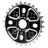 Angled view of Profile Racing Blackjack sprocket in 28 tooth photographed on a white background