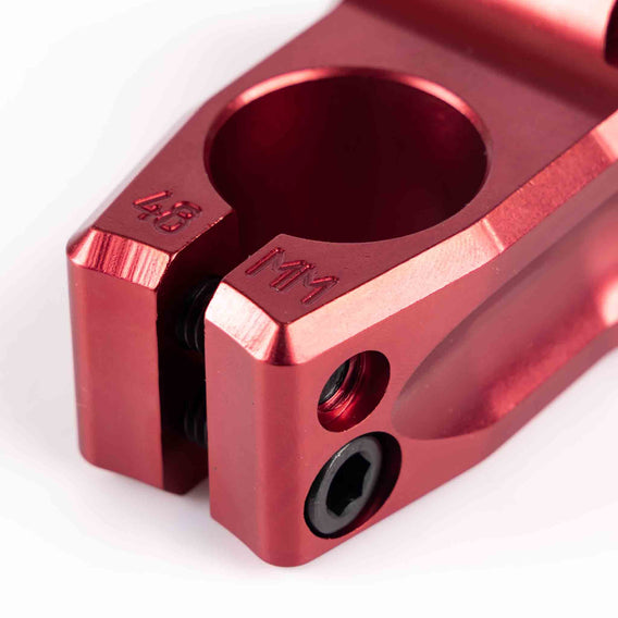 Profile BMX Acoustic Front Load Stem - Red 48mm engraving close up fro bottom right hand side