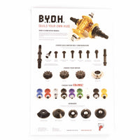 Instructions for building a custom hub with various components and color options on a white background.
