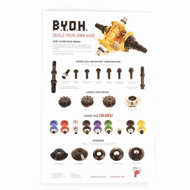 Instructions for building a custom hub with various components and color options on a white background.
