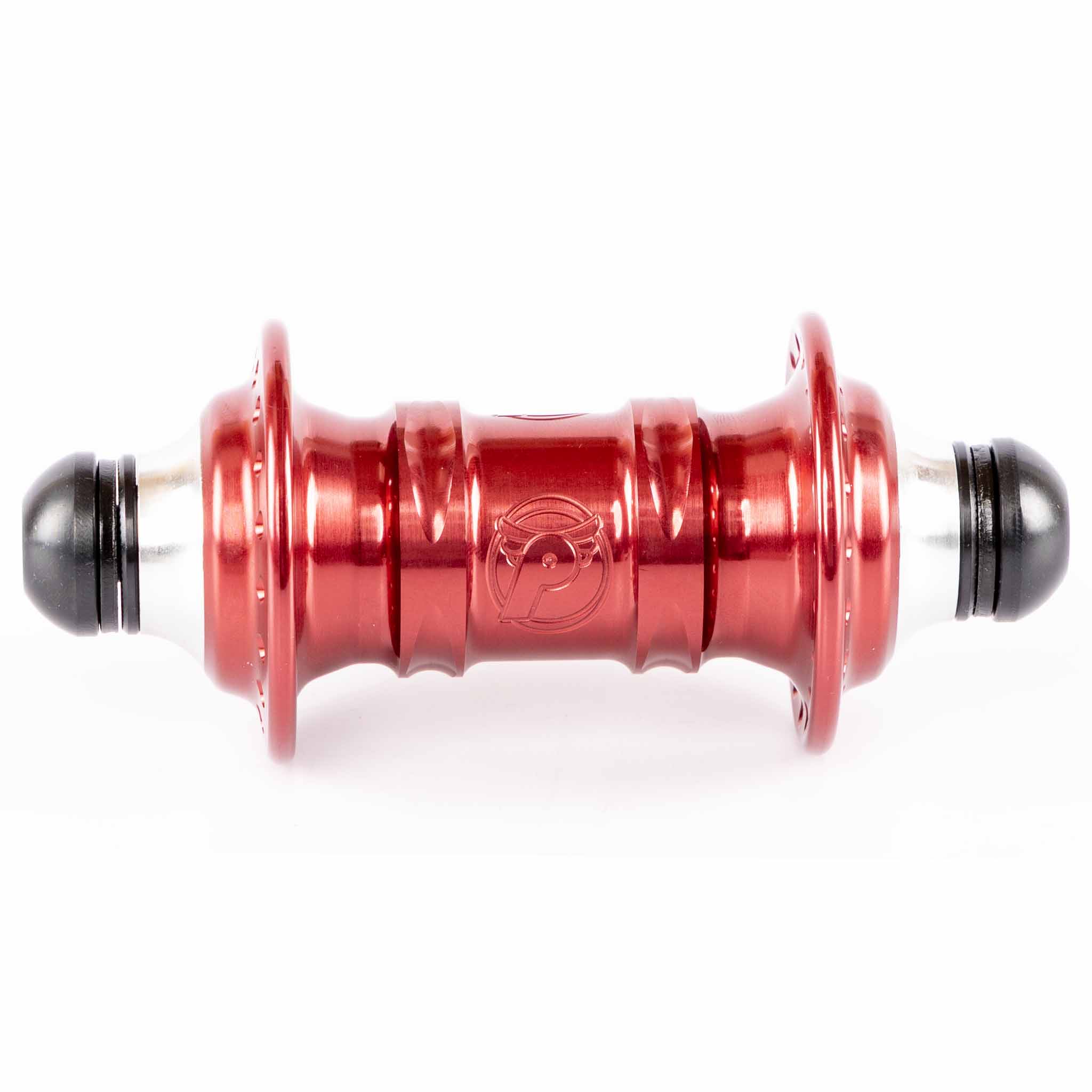 Red bicycle hub with black axle on a white background