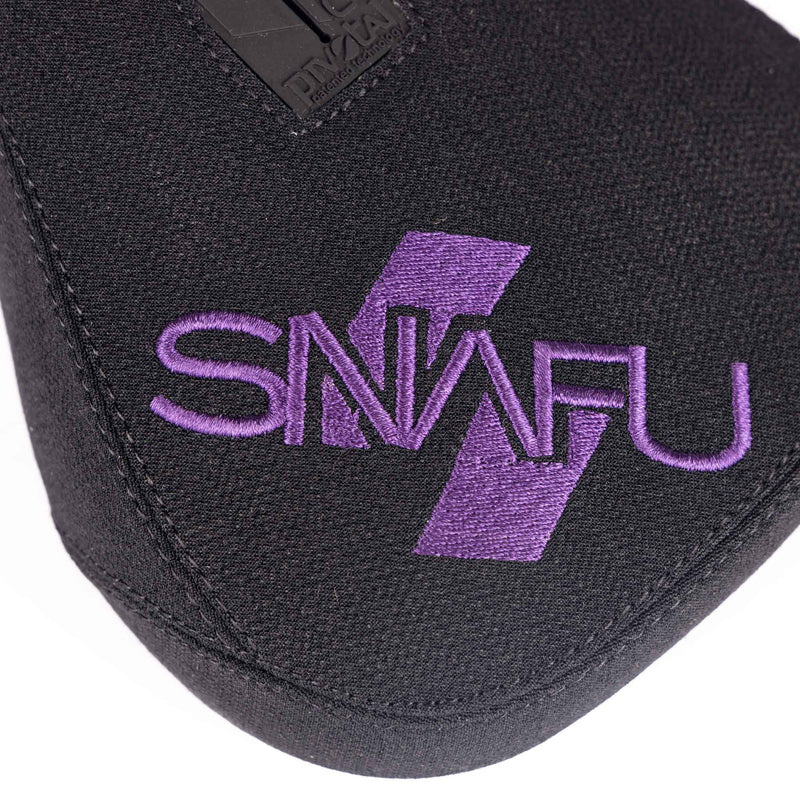 Snafu Fat Padded Pivotal Seat - Black / Purple close up on embroidered stitching