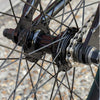 Close-up of a bicycle wheel with chain and gear mechanism on a blurred background