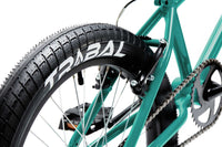 Tribal Clan V2 blue close up of rear tyre and brake photographed on a white background