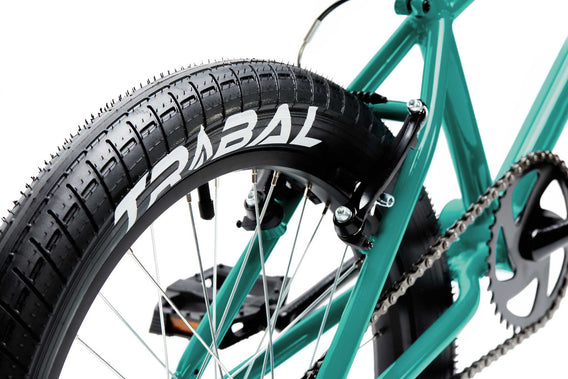 Tribal Clan V2 blue close up of rear tyre and brake photographed on a white background