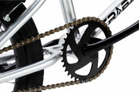 Tribal Nomad 18" BMX in Silver, close up of sprocket and cranks photographed on a white background