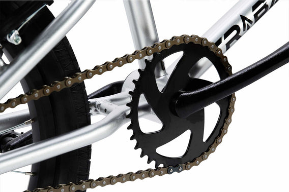 Tribal Nomad 18" BMX in Silver, close up of sprocket and cranks photographed on a white background