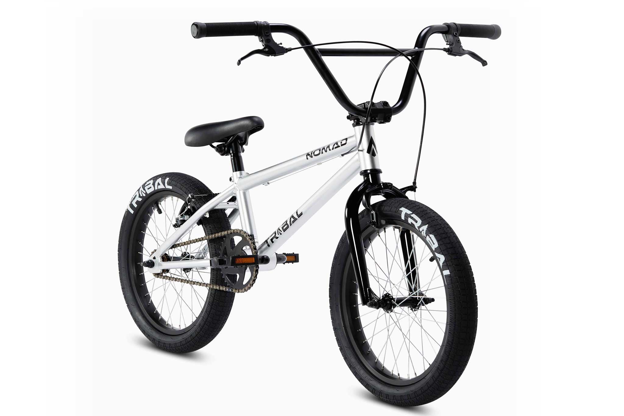 Tribal Nomad 18" BMX in silver, front view photographed on a white background