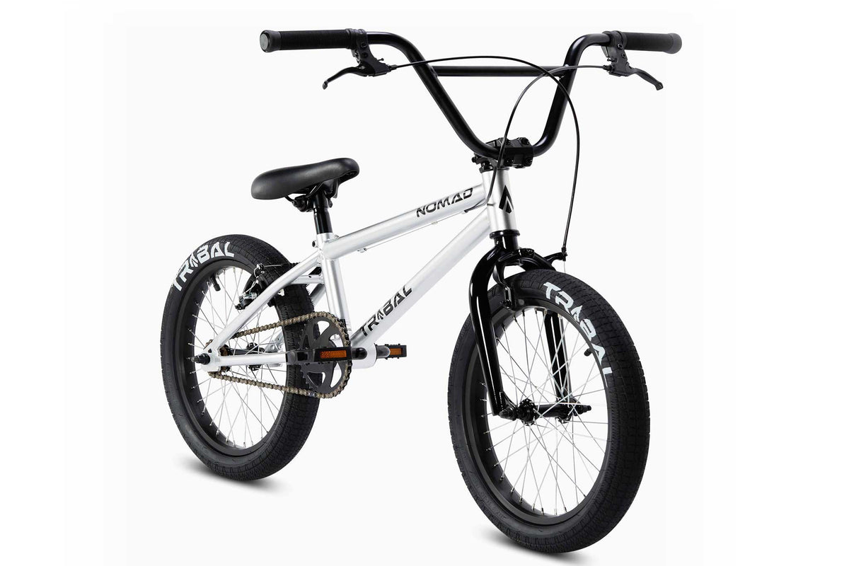 Tribal Nomad 18" BMX in silver, front view photographed on a white background